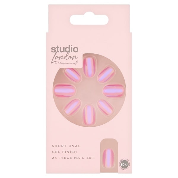 Studio London Pink Holographic Jelly Short Oval Nails