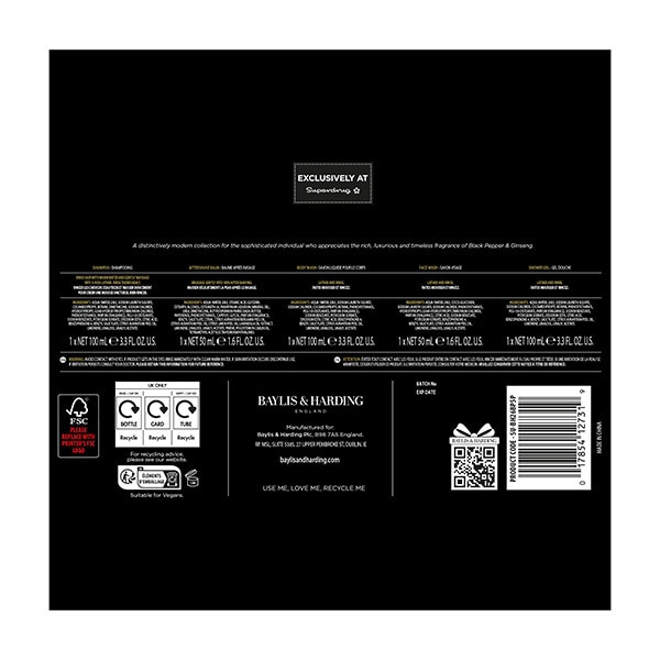 Baylis & Harding Black Pepper & Ginseng Mens Grooming Gift Set 5 Piece
