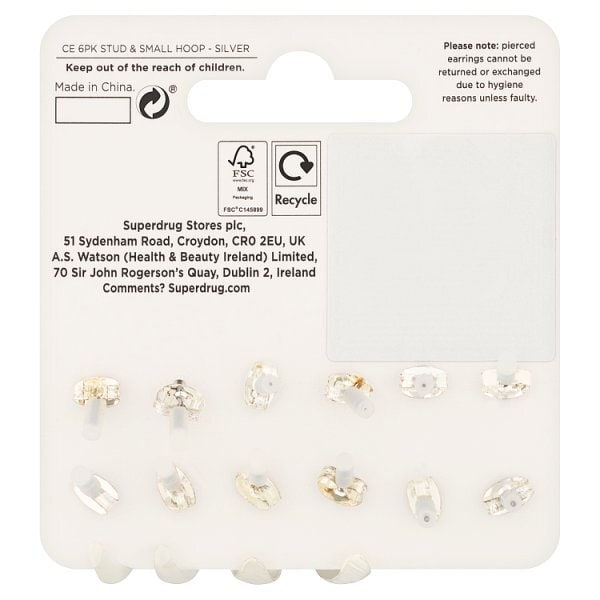 Superdrug Silver Tone 6 Pack Stud & Small Hoop