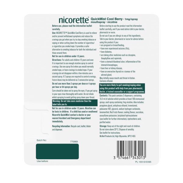 Nicorette QuickMist Berry 1mg Mouthspray Duo (Stop Smoking)