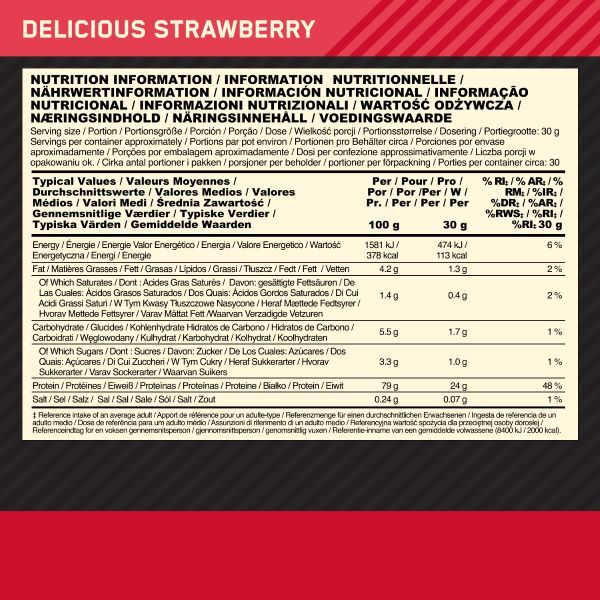 Optimum Nutrition Delicious Strawberry Whey Protein Powder 900g