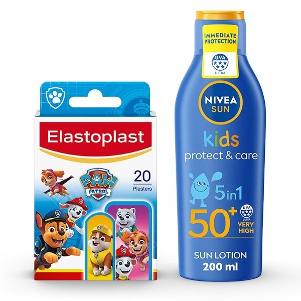 Elastoplast Paw Patrol Plasters & Nivea Sun Kids Sun Lotion SPF50+ Kids Bundle