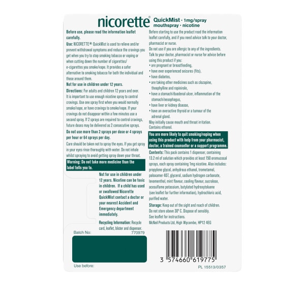 Nicorette QuickMist 1mg Nicotine Mouthspray (Stop Smoking)