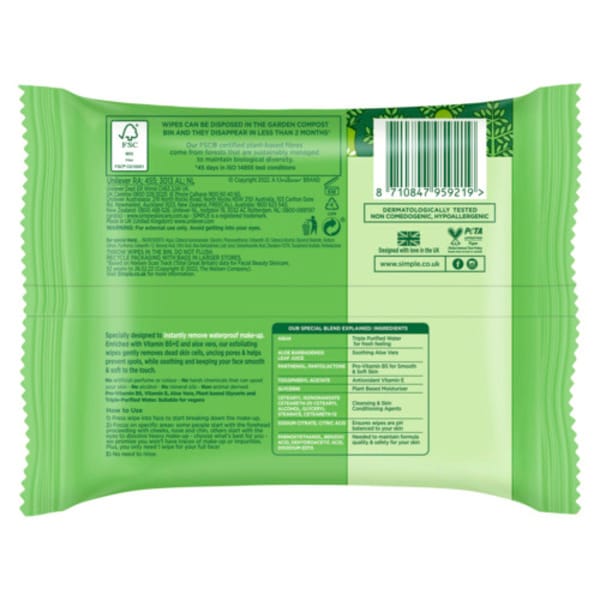 Simple Kind to Skin Biodegradable Exfoliating Wipes 20pc