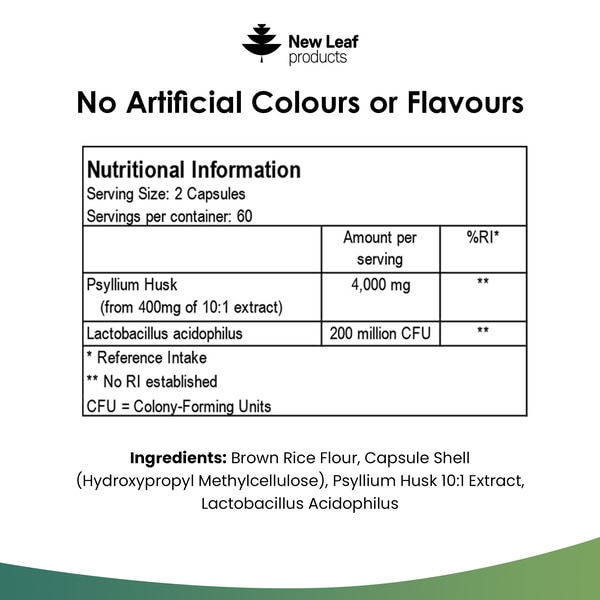 New Leaf Psyllium Husk Fibre + Acidophilus - 120 Vegan Caps