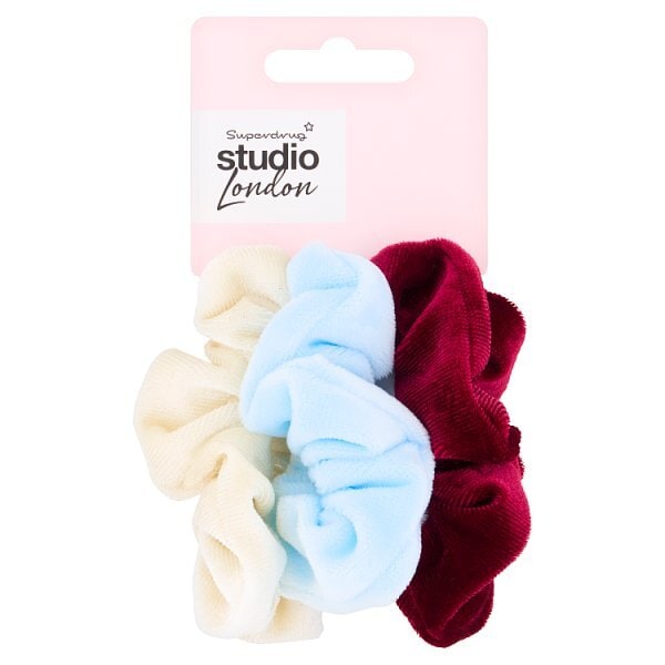 Studio London Burgundy & Blue Velvet Scrunchies 3 Pack