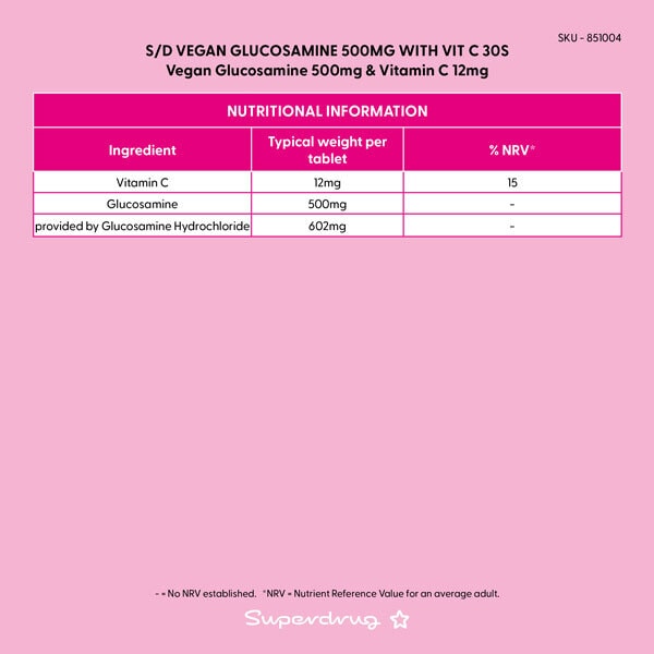 Superdrug Vegan Glucosamine 500mg with Vitamin C 30 Tablets