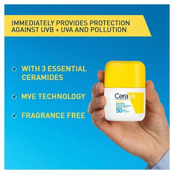 CeraVe Invisible Hydrating Fluid Sunscreen SPF 50 for normal to dry skin with 3 essential ceramides 50ml