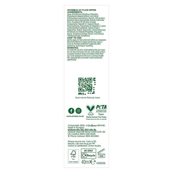 Simple Invisible UVA/UVB high sun protection 40 ml