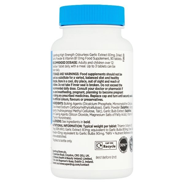 Superdrug High Strength Odourless Garlic 900mg + B1 Thiamin 90s