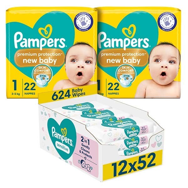 Pampers New Born Nappy Size 1 & Sensitive Wipes Bundle