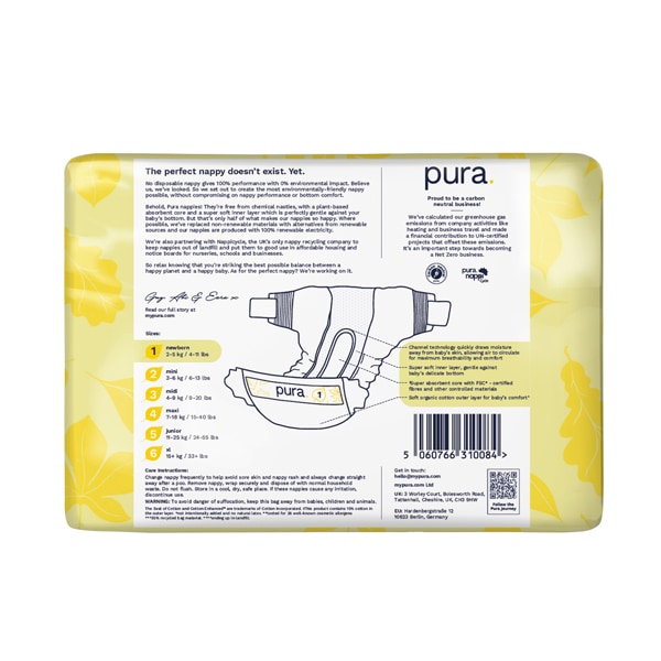 Pura Premium Eco Newborn Nappies, Size 1 (2-5kg) 22 Nappies