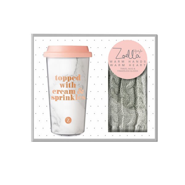 Zoella Travel Mug & Gloves Set - Warm Hands, Warm Heart