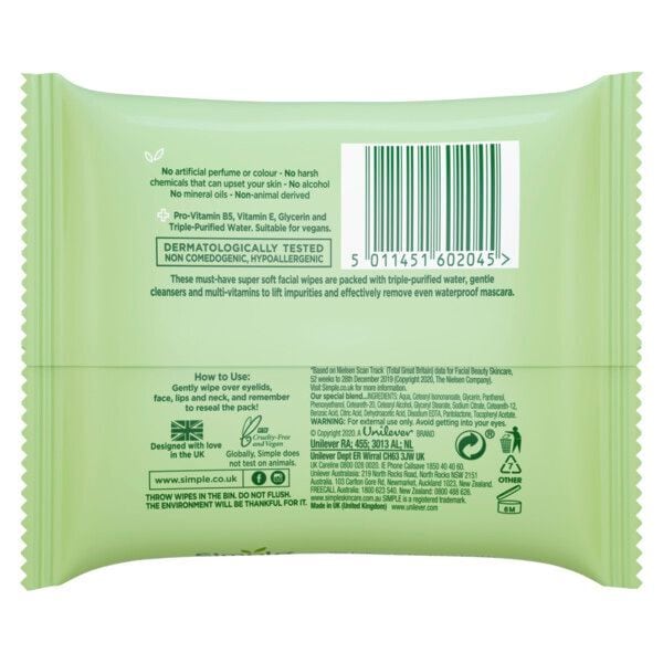 Simple Kind to Skin Facial Cleansing Wipes Pack of 2 25pc