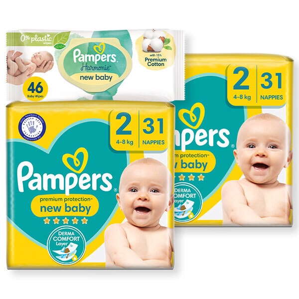 New Born Nappy Size 2 &Harmonie New Baby Wipes Bundle