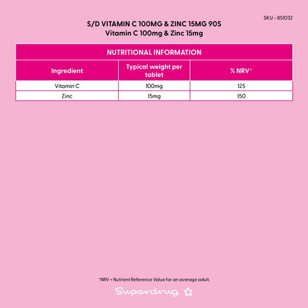 Superdrug Vitamin C 1000mg & Zinc 15mg 90s