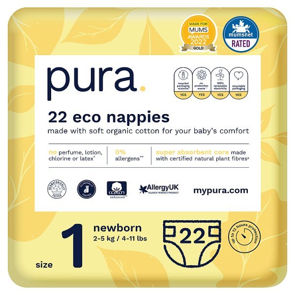 Pura Premium Eco Newborn Nappies, Size 1 (2-5kg) 22 Nappies