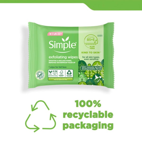 Simple Kind to Skin Biodegradable Exfoliating Wipes 20pc