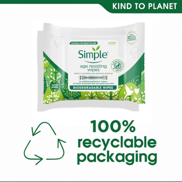 Simple Age Resisting Biodegradable Facial Wipes 20 Wipes