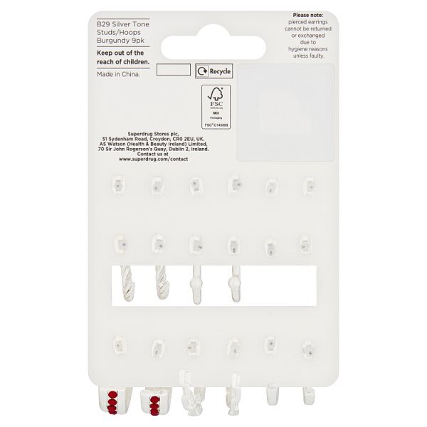 Superdrug Silver Tone Studs/Hoops Burgundy 9pk