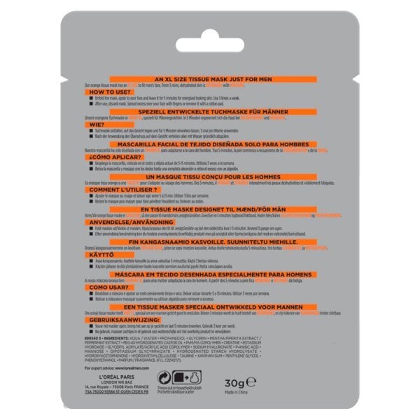 L'Oréal Men Expert Hydra Energetic Tissue Face Sheet Mask x1