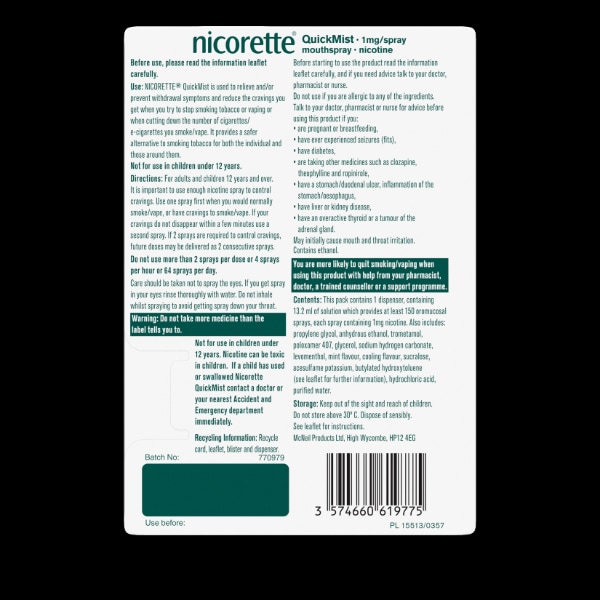 Nicorette QuickMist 1mg Nicotine Mouthspray (Stop Smoking)