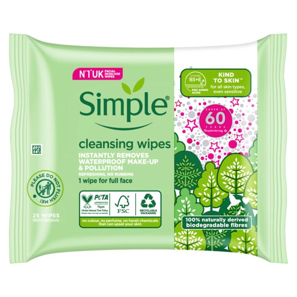 Simple Kind To Skin Cleansing Wipes Biodegradable X25 Pc