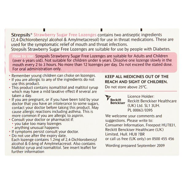 Strepsils Strawberry Sugar Free Sore Throat Lozenges 36s