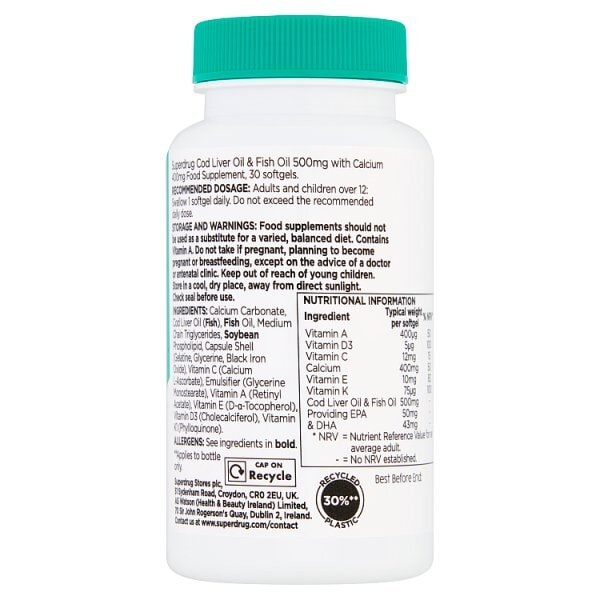 Superdrug Cod Liver Oil 500mg & Calcium 30 Pack