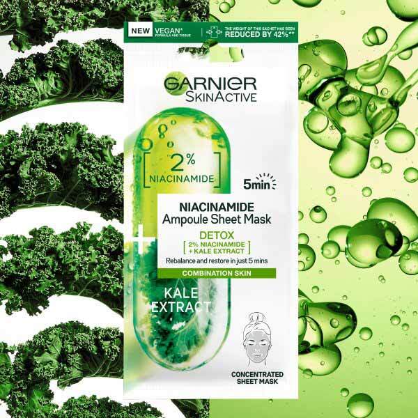 Garnier Detox Ampoule Sheet Mask, Kale & 2% Niacinamide