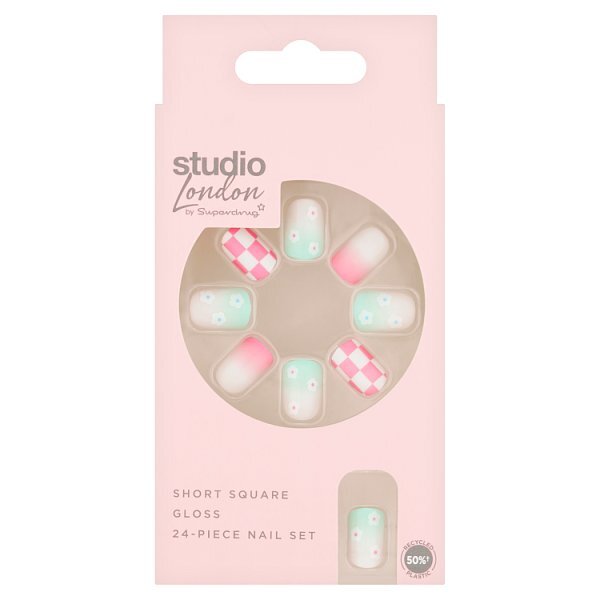 Studio London Flower Checkerboard Short Square Nails