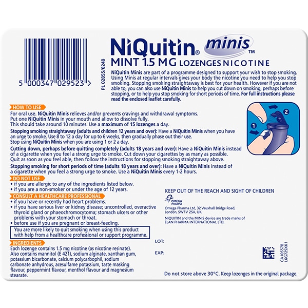 NiQuitin Minis Mint 1.5mg, 60 Lozenges- Quit Smoking Aid