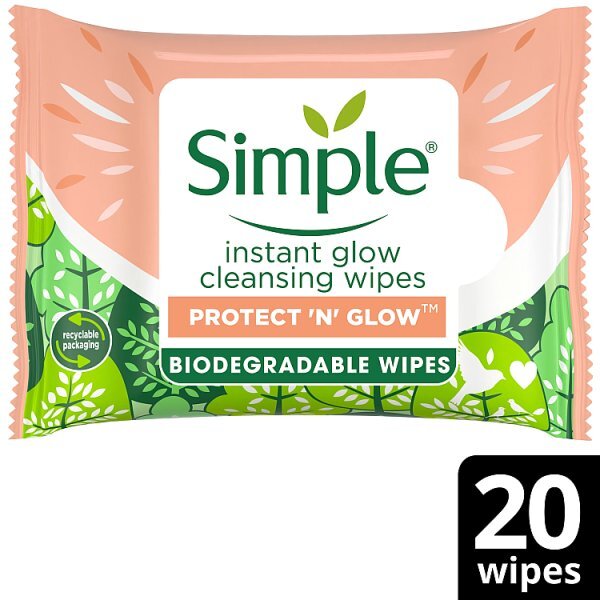 Simple Protect N Glow Biodegradable Wipes Instant Glow X20