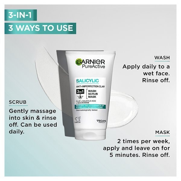 Garnier Pure Active 3in1 Clay Mask Scrub Wash Oily Skin 150ml