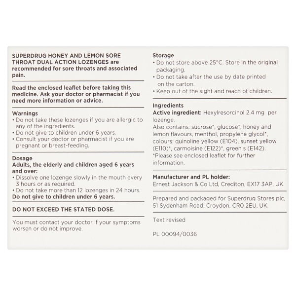 Superdrug Honey & Lemon Sore Throat Dual Action 24 Lozenges