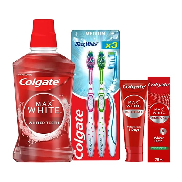 Colgate Max White Bundle: Toothpaste + Mouthwash + 3 x Toothbrushes