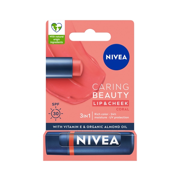 Nivea Caring Beauty 3In1 Coral Lip Balm & Cheek Stick 4.8G