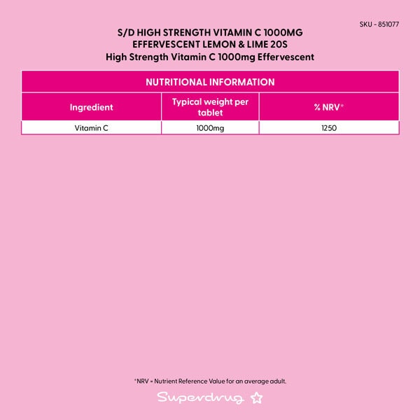 Superdrug High Strength Vitamin C 1000mg Effervescent Lemon & Lime 20s