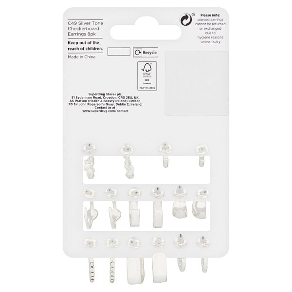 Superdrug Checkerboard Multipack Silver Tone Earrings 8pk