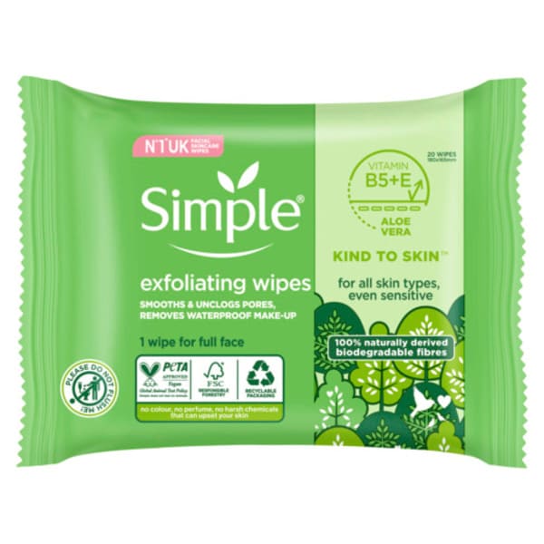 Simple Kind to Skin Biodegradable Exfoliating Wipes 20pc