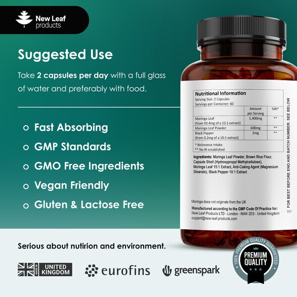 New Leaf Moringa Leaf Capsules - 2000Mg P/S 120 Vegan Caps