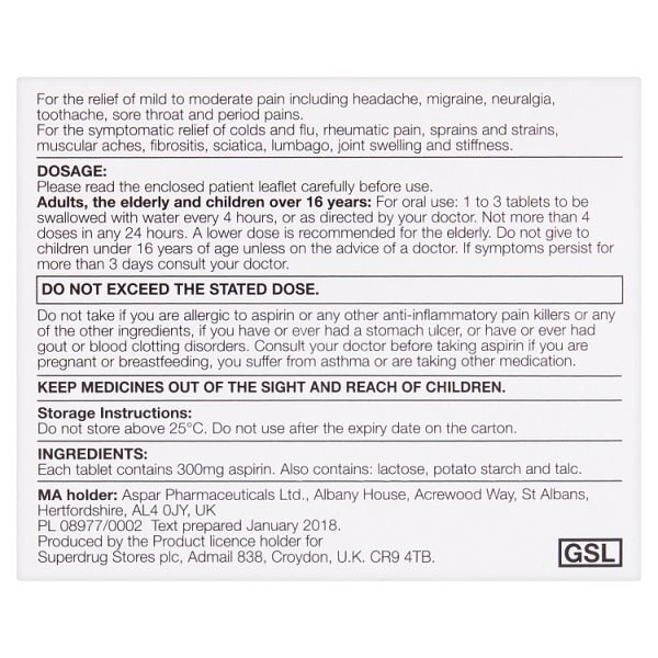 Superdrug Aspirin 16 Tablets 300mg