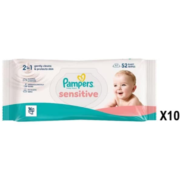 Pampers Sensitive Baby Wipes Plastic Free 1 pack x10 Bundle