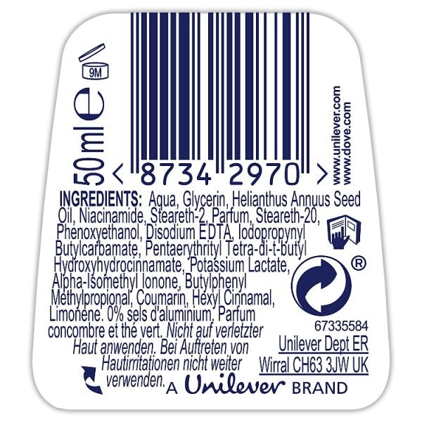 Dove Deodorant Roll On 0% Aluminium Cucumber& Green Tea 50ml