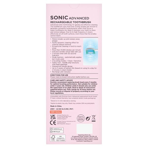 Superdrug ProCare Sonic Rechargeable Electric Toothbrush Pink