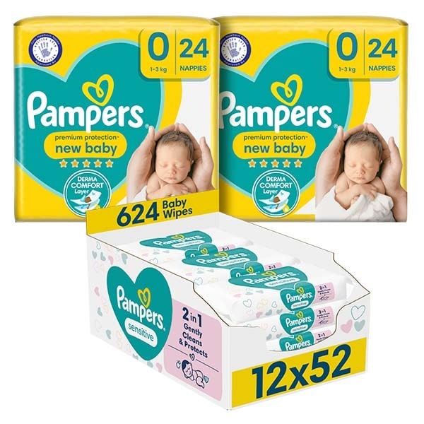 Pampers New Born Nappy Size 0 & Sensitive Wipes Bundle