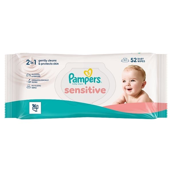 Pampers Sensitive Baby Wipes Plastic Free 1 Pack (52 wipes)