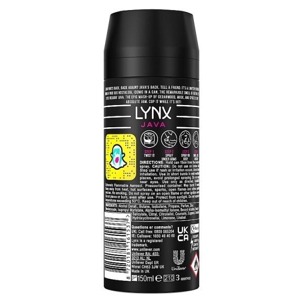 Lynx Deodorant Bodyspray Aerosol Java 150ml