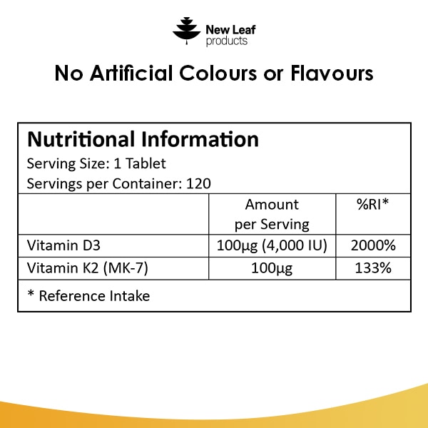 New Leaf Vitamin D3 & K2 Tablets D3 4000iu + K2 100mcg