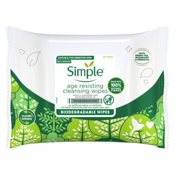 Simple Age Resisting Biodegradable Facial Wipes 20 Wipes